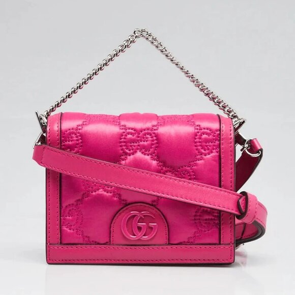 Gucci Fuchsia Quilted GG Nylon and Leather Marmont Mini Wallet on Chain Bag - Picture 1 of 12